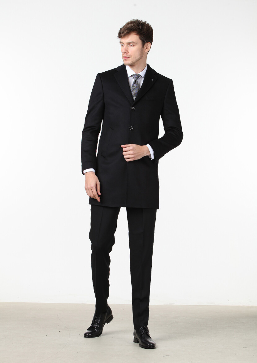 Black Regular Fit Butterfly Collar Classical Weaving Overcoat - 3