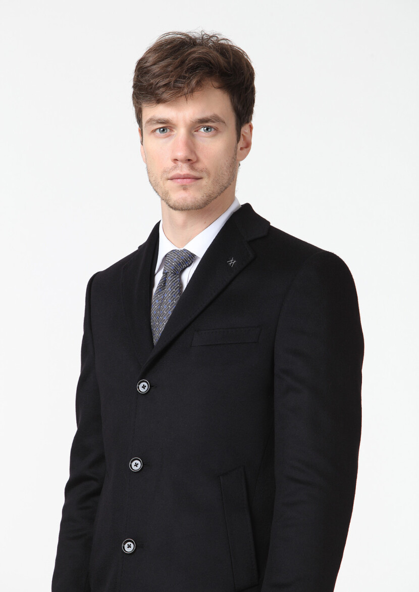 Black Regular Fit Butterfly Collar Classical Weaving Overcoat - 4