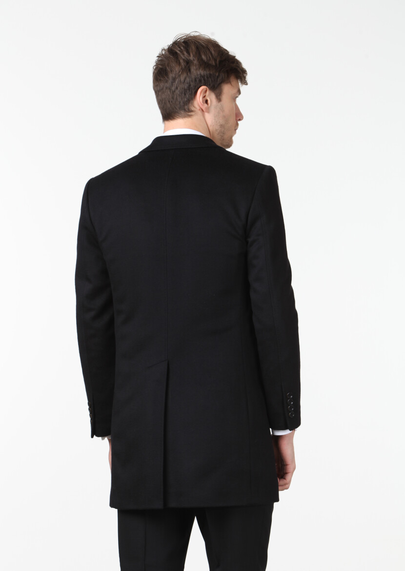 Black Regular Fit Butterfly Collar Classical Weaving Overcoat - 5