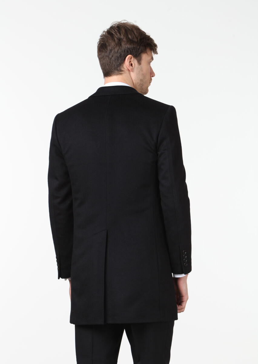 Black Regular Fit Butterfly Collar Classical Weaving Overcoat - 5