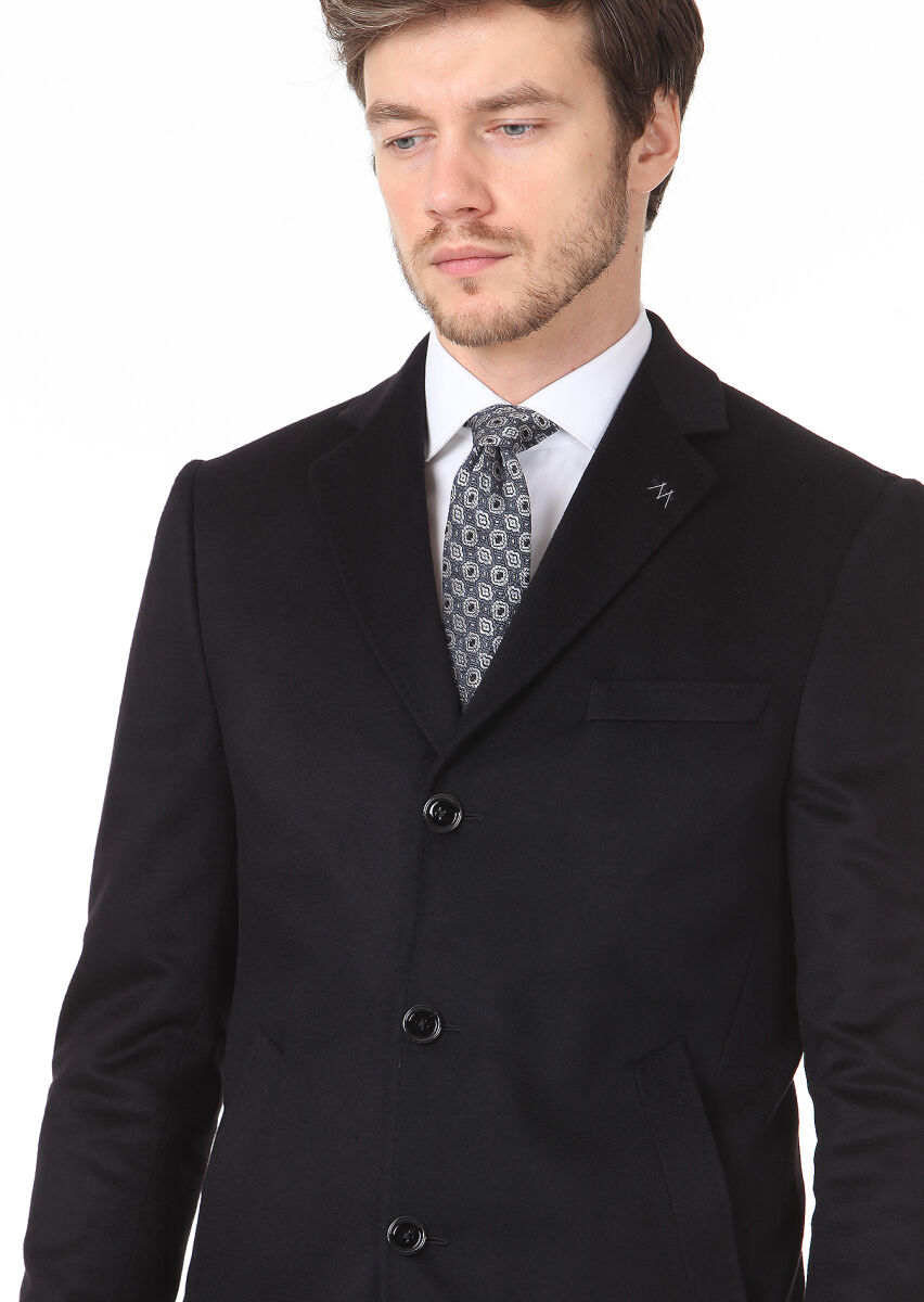 Black Regular Fit Butterfly Collar Classical Weaving Overcoat - 2