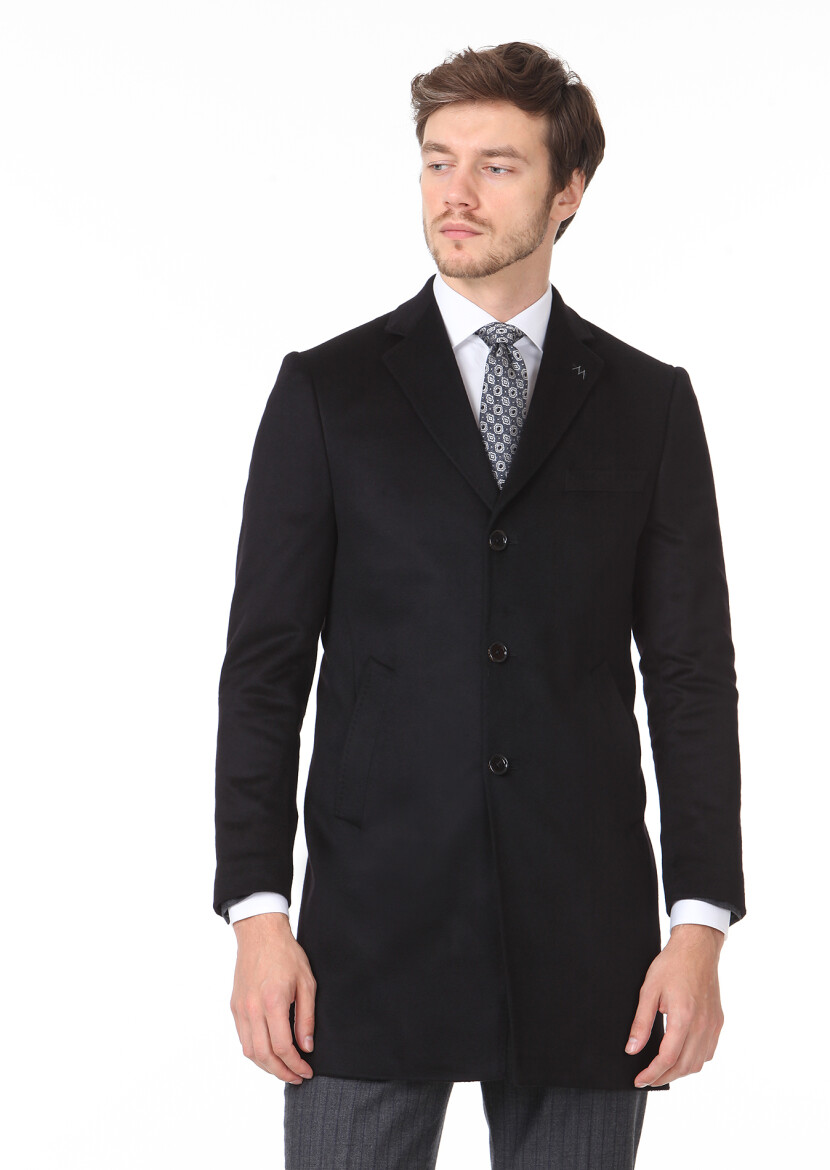 Black Regular Fit Butterfly Collar Classical Weaving Overcoat - 4