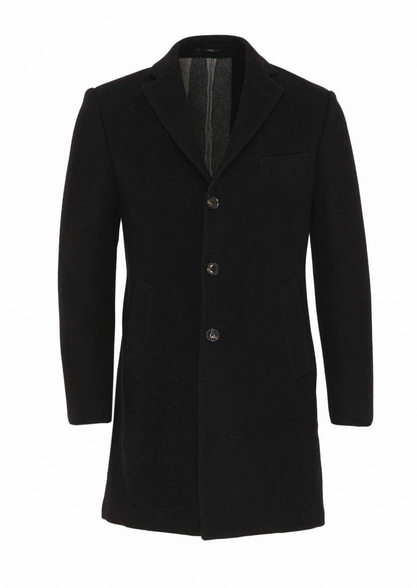 Black Regular Fit Butterfly Collar Classical Weaving Overcoat - 1