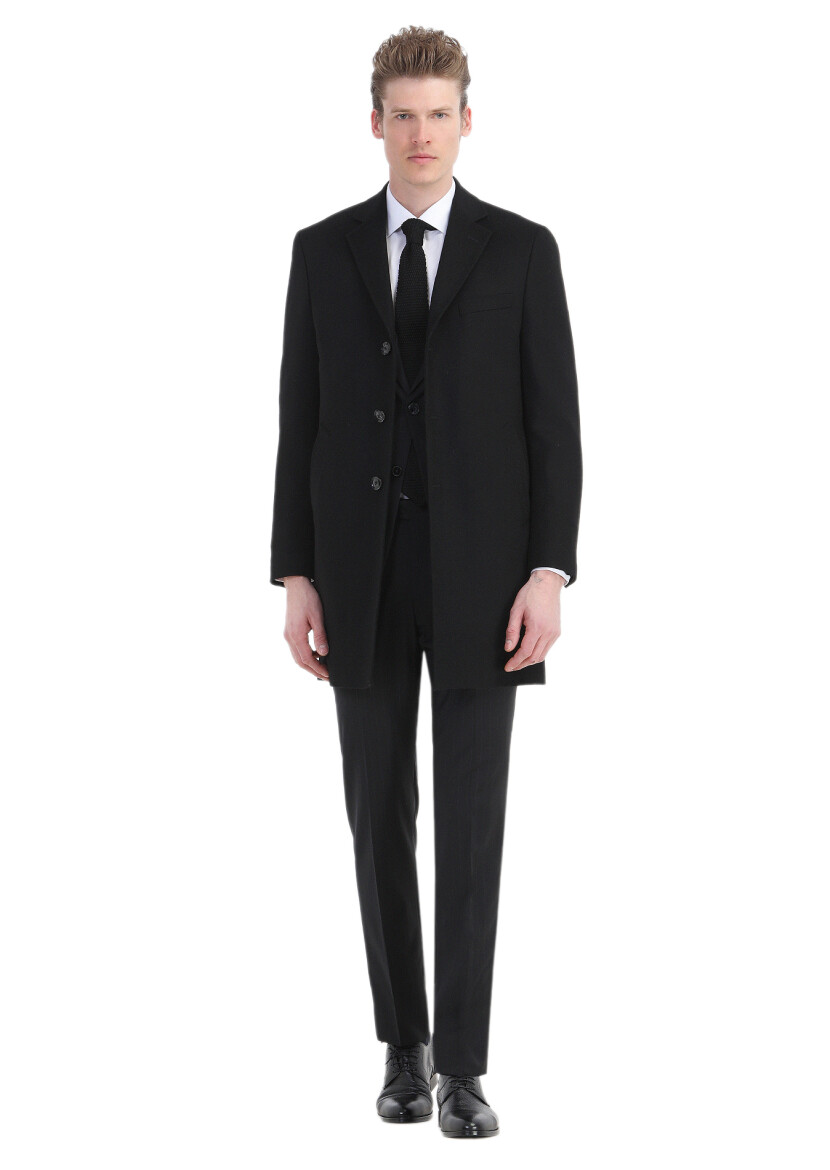 Black Regular Fit Butterfly Collar Classical Weaving Overcoat - 1