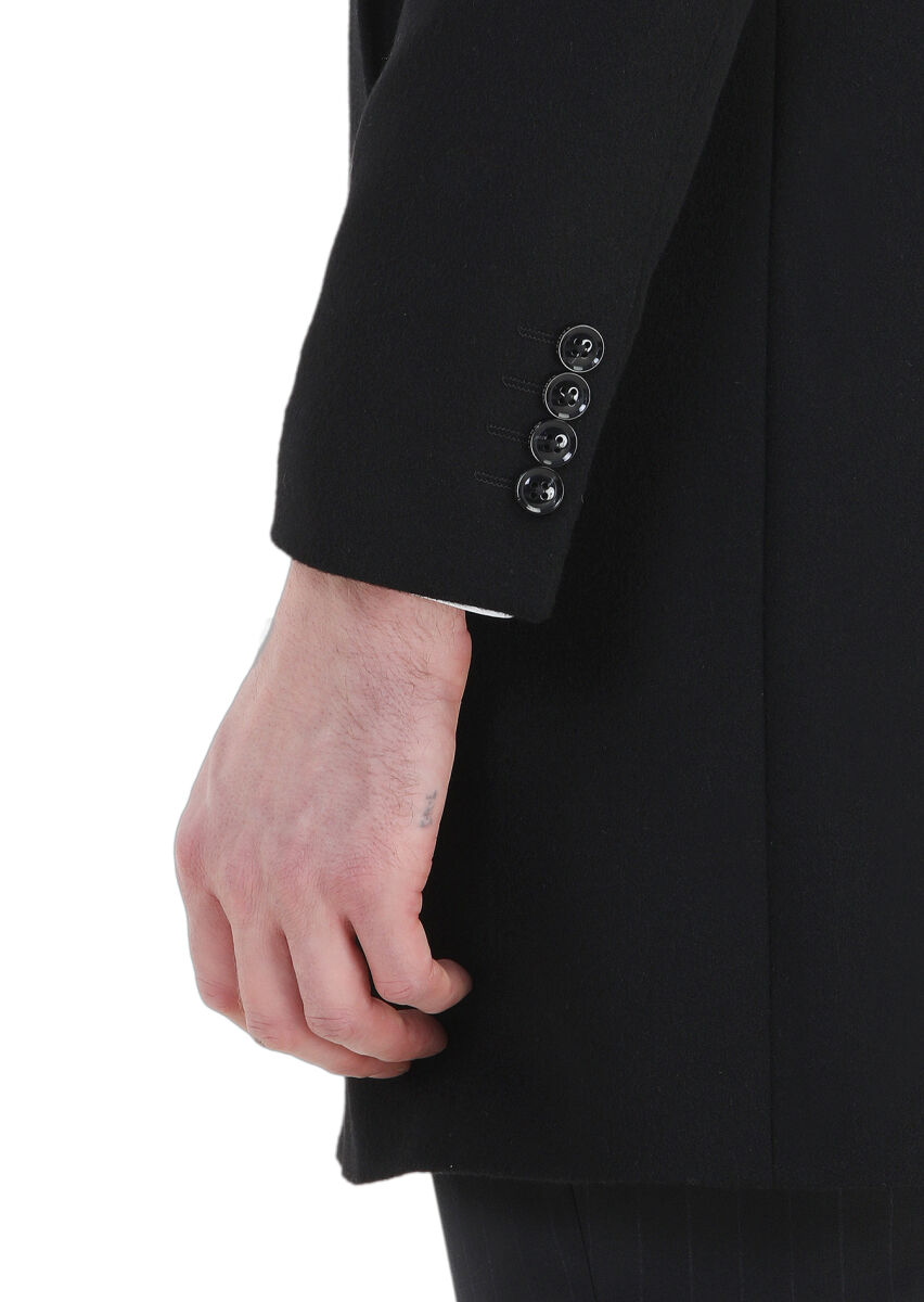 Black Regular Fit Butterfly Collar Classical Weaving Overcoat - 6