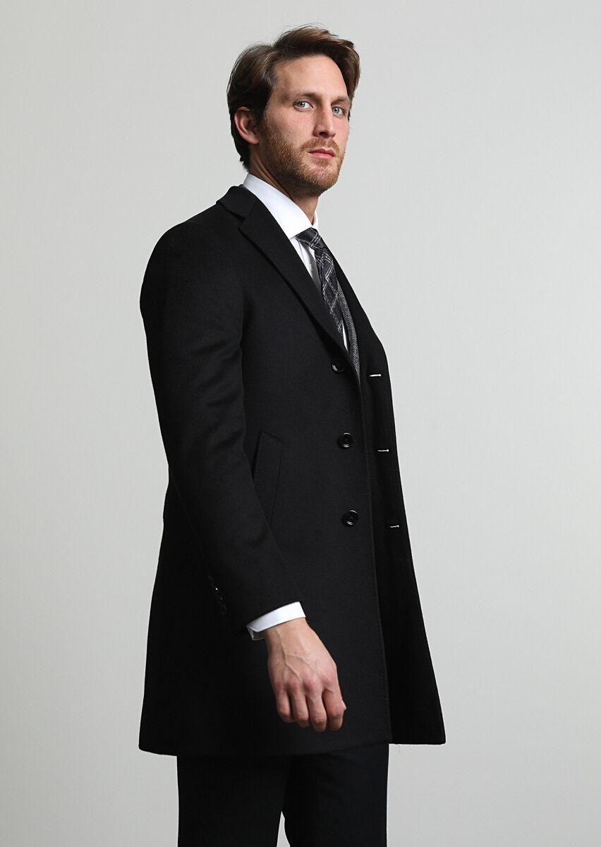 Black Regular Fit Butterfly Collar Classical Weaving Overcoat - 1