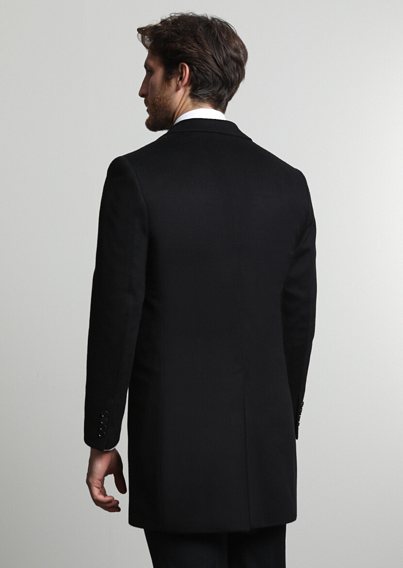 Black Regular Fit Butterfly Collar Classical Weaving Overcoat - 4