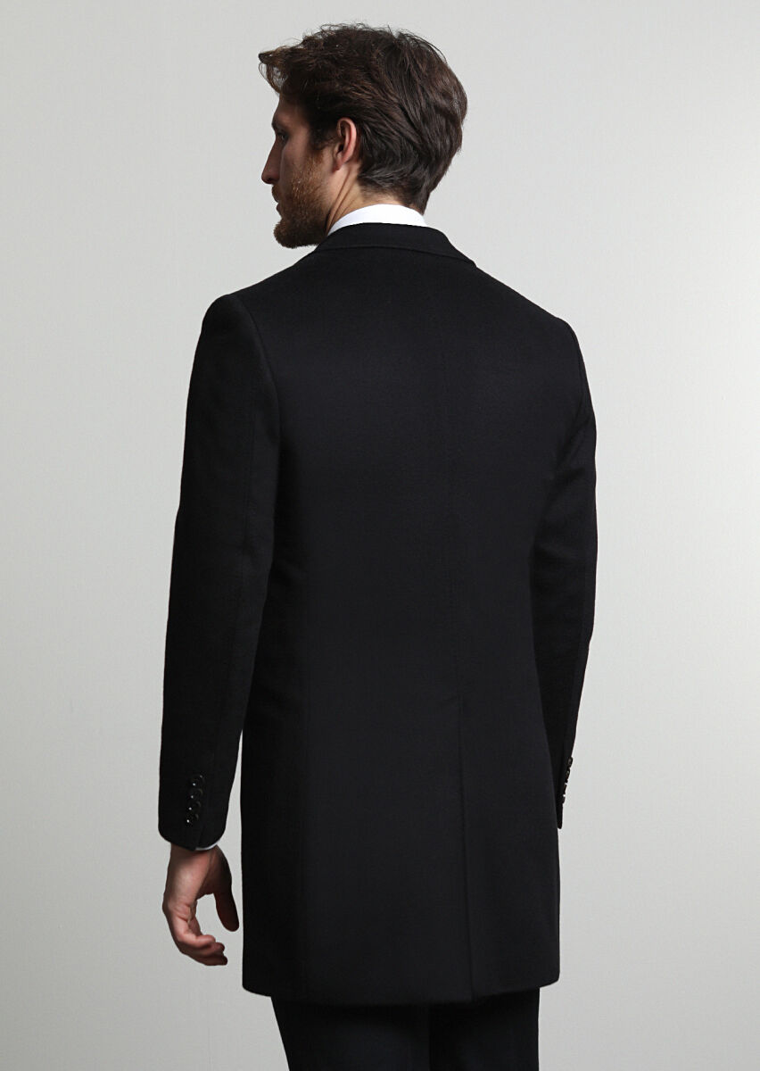 Black Regular Fit Butterfly Collar Classical Weaving Overcoat - 4