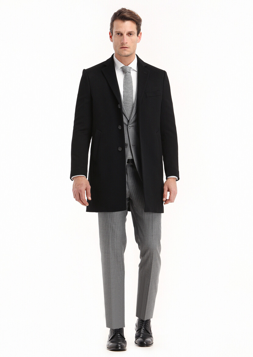 Black Regular Fit Butterfly Collar Classical Weaving Overcoat - 1