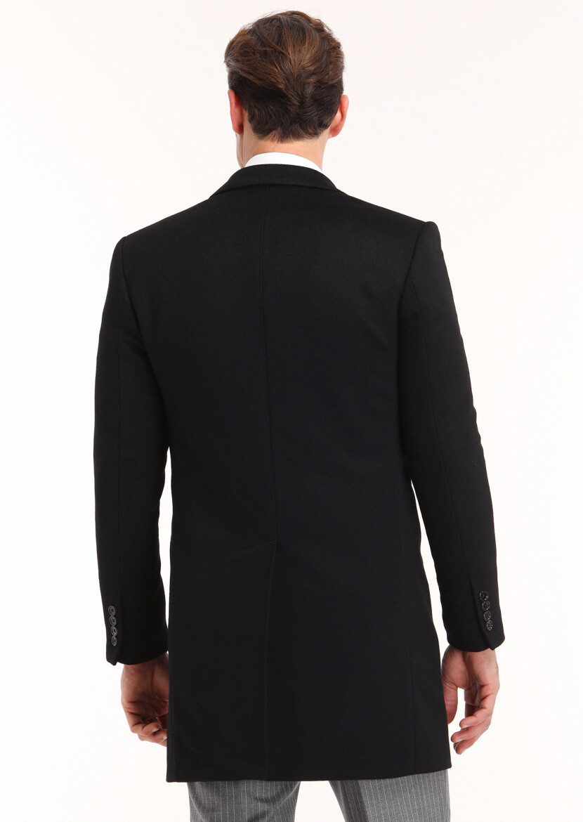 Black Regular Fit Butterfly Collar Classical Weaving Overcoat - 2