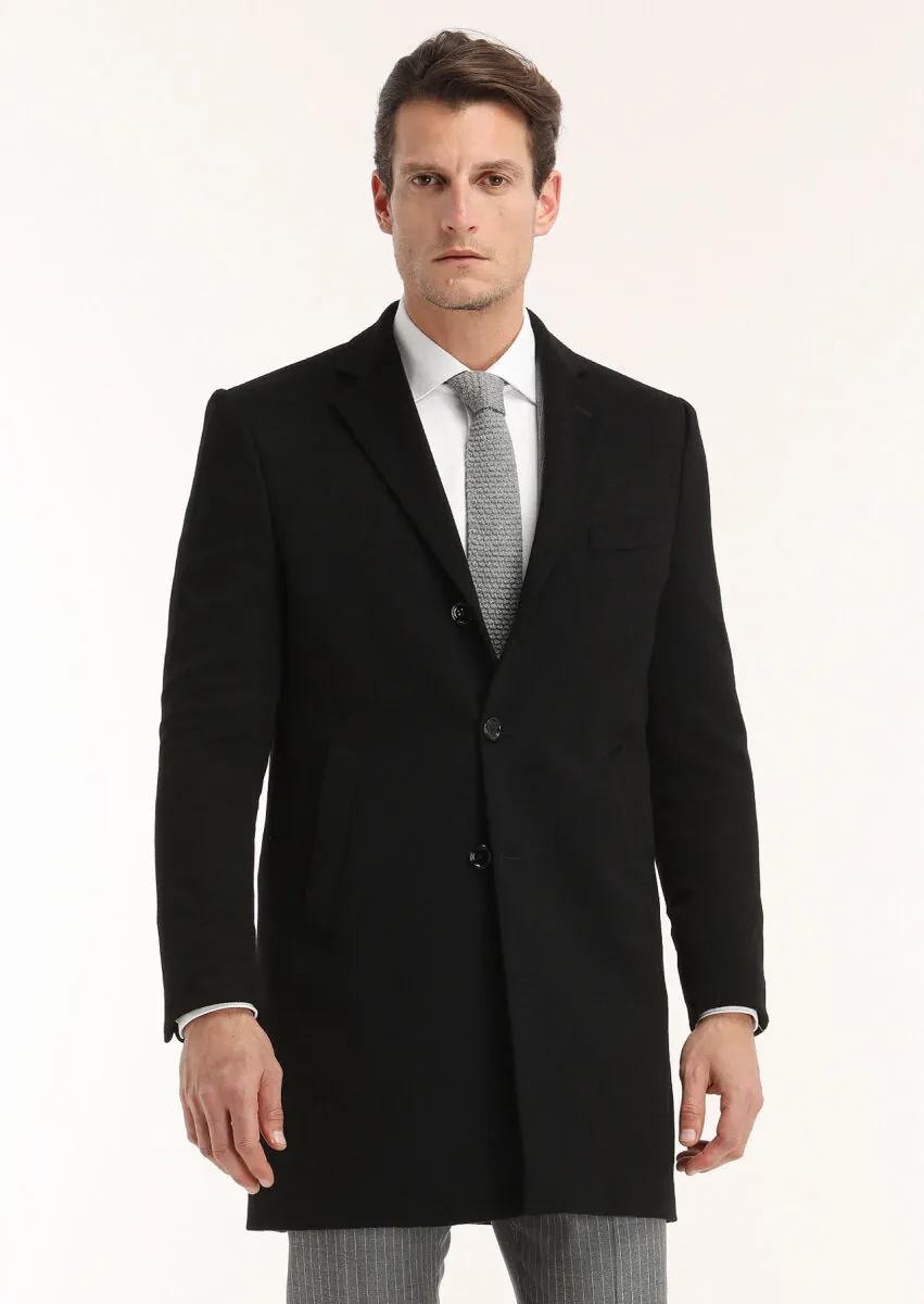 Black Regular Fit Butterfly Collar Classical Weaving Overcoat - 3
