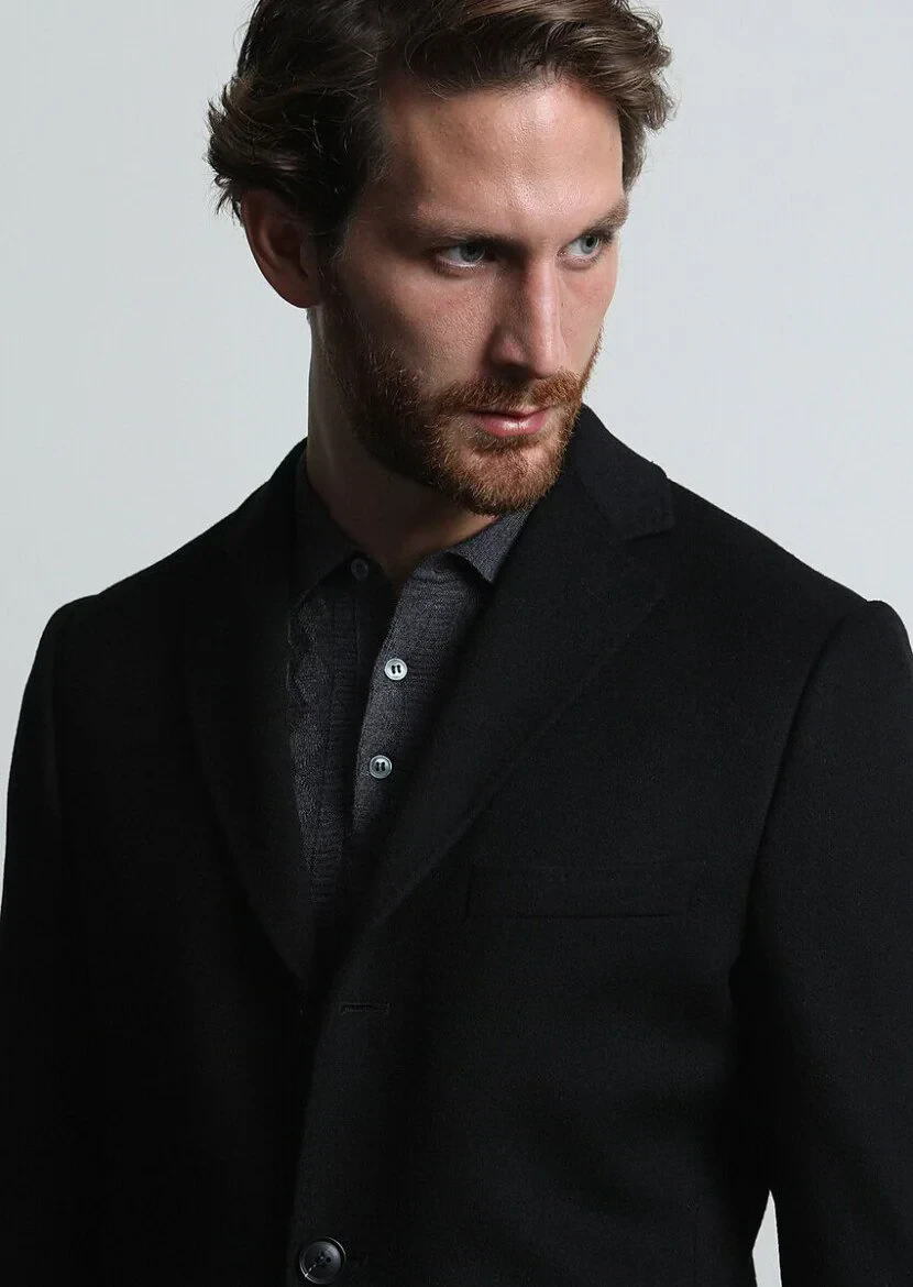 Black Regular Fit Butterfly Collar Classical Weaving Overcoat 
