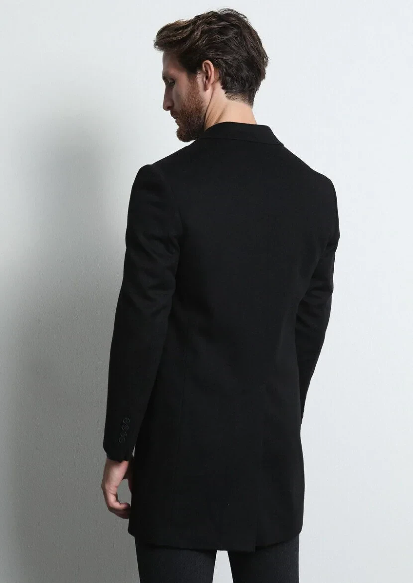 Black Regular Fit Butterfly Collar Classical Weaving Overcoat - 5