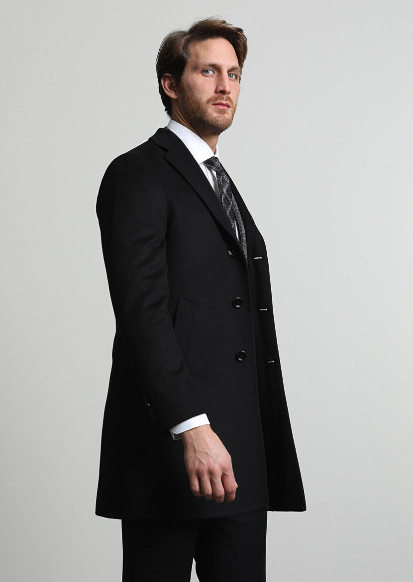 Black Regular Fit Butterfly Collar Classical Weaving Overcoat - 1