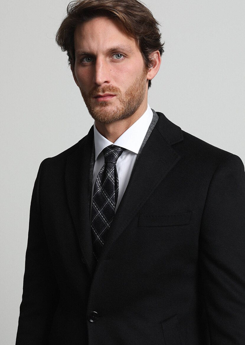 Black Regular Fit Butterfly Collar Classical Weaving Overcoat 