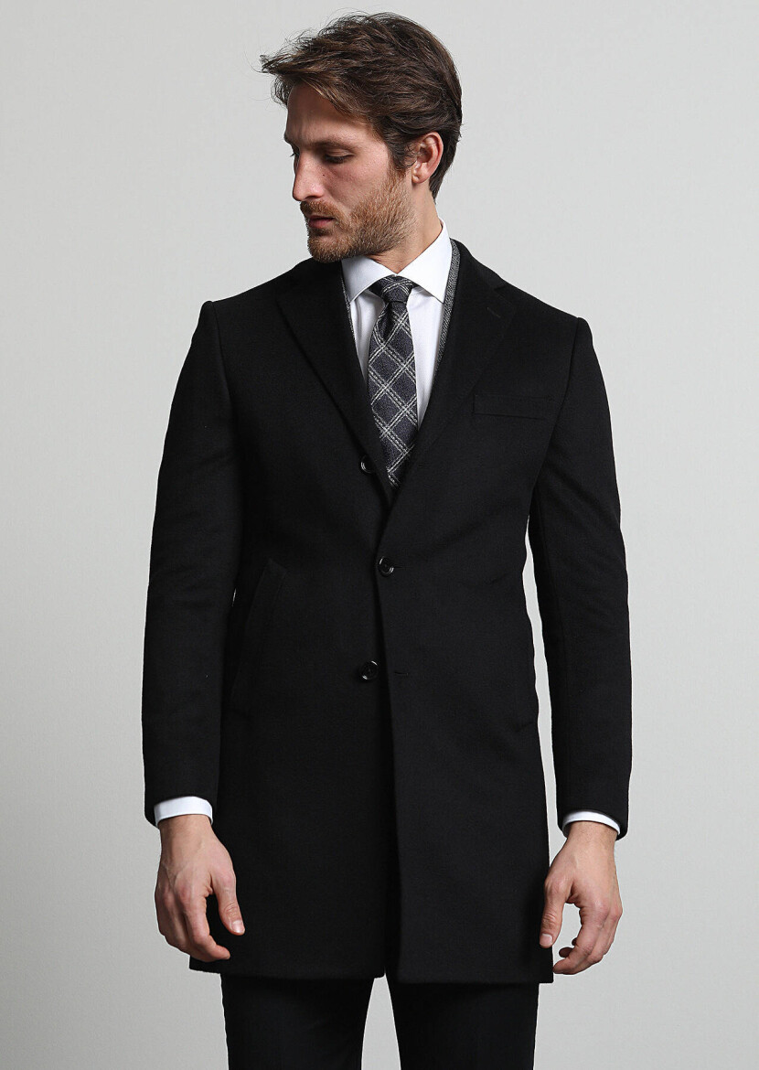 Black Regular Fit Butterfly Collar Classical Weaving Overcoat - 3