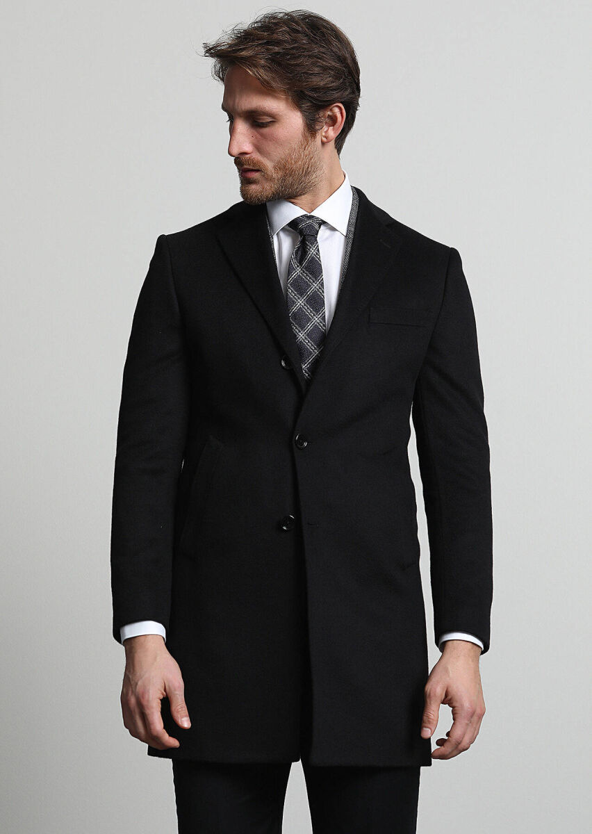Black Regular Fit Butterfly Collar Classical Weaving Overcoat - 3