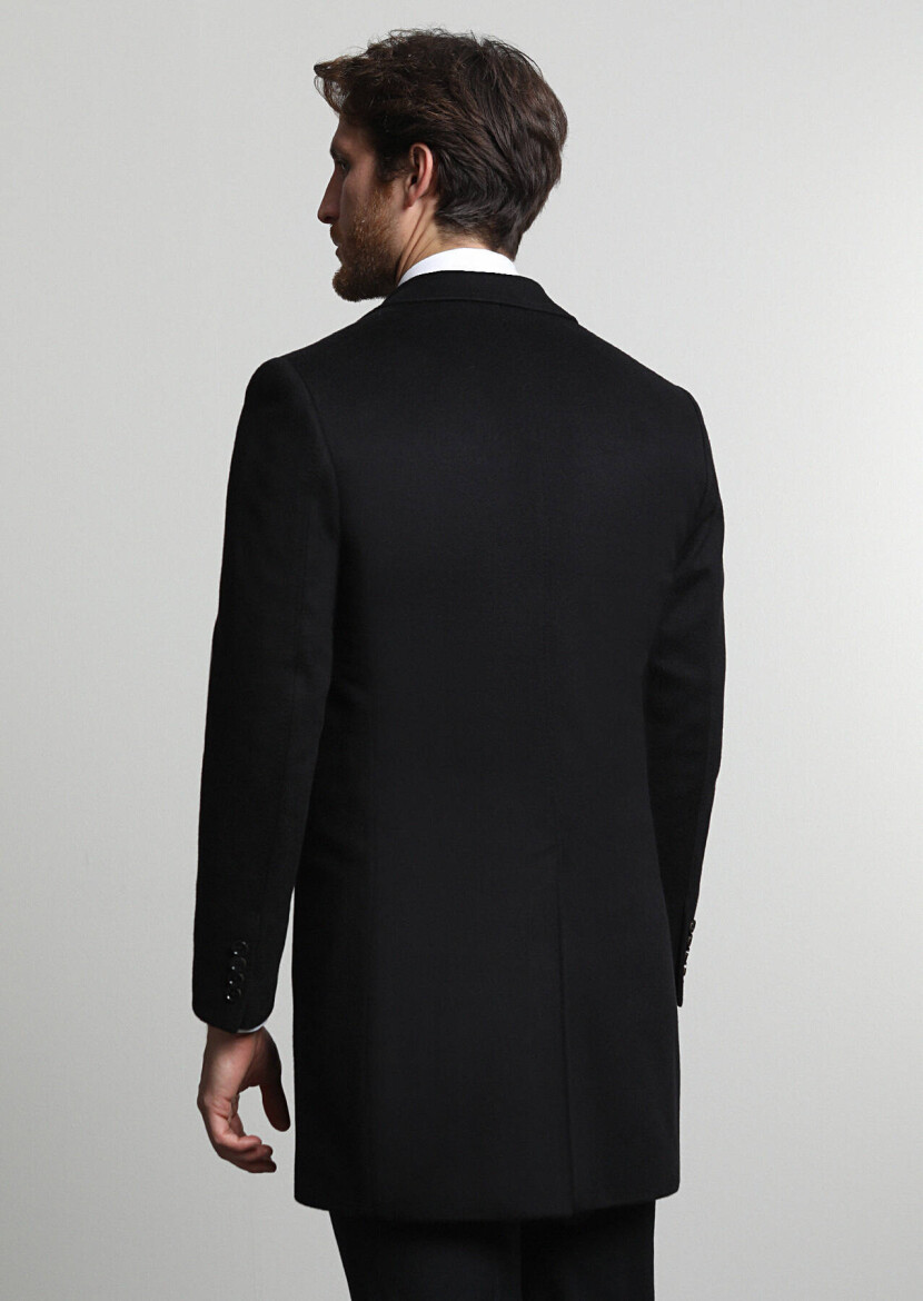 Black Regular Fit Butterfly Collar Classical Weaving Overcoat - 4