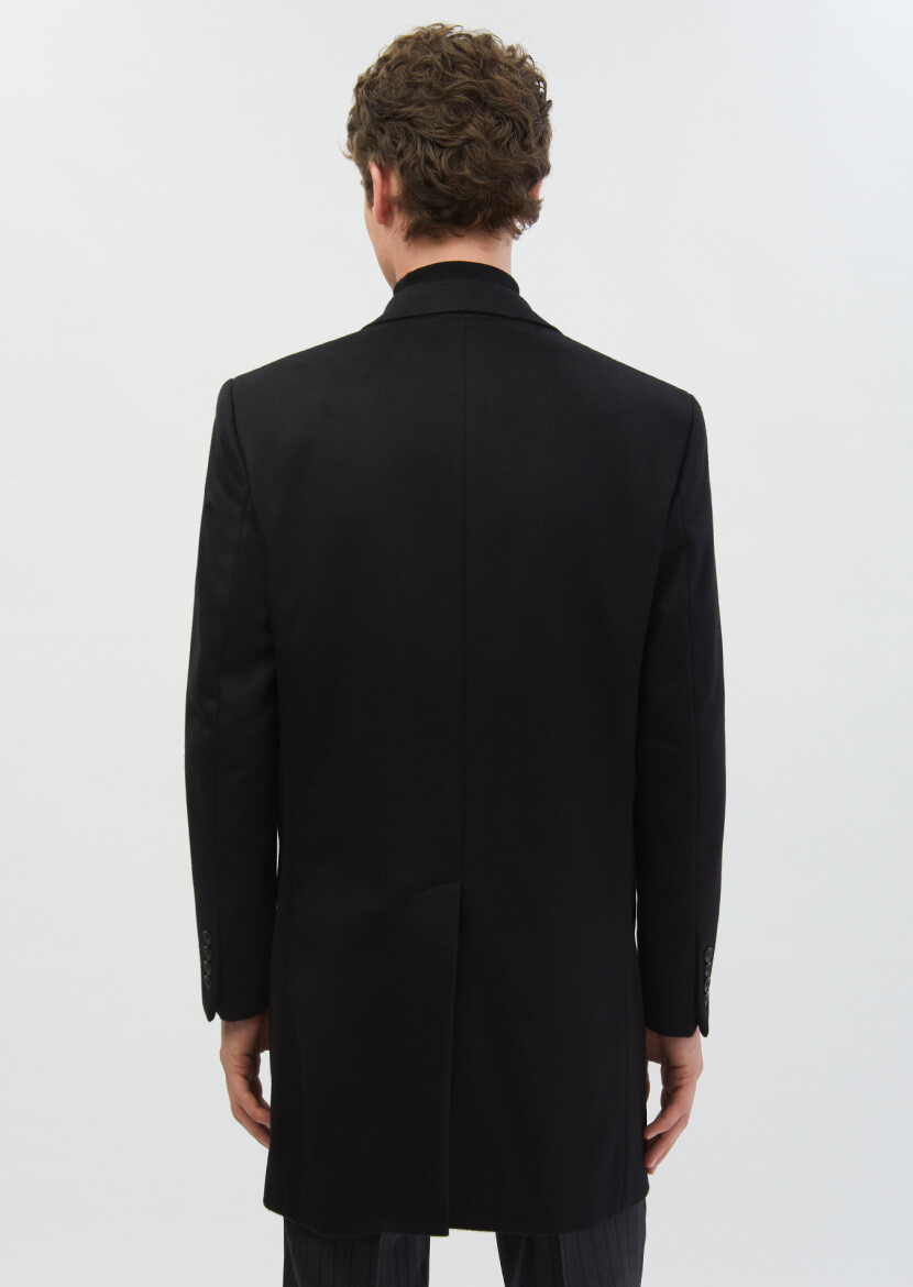 Black Regular Fit Butterfly Collar Classical Weaving Overcoat - 7