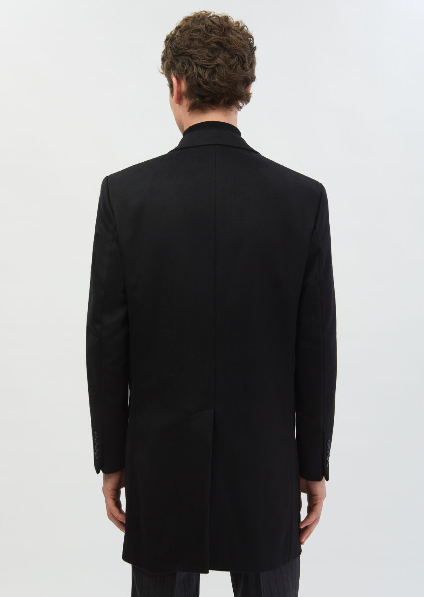 Black Regular Fit Butterfly Collar Classical Weaving Overcoat - 7