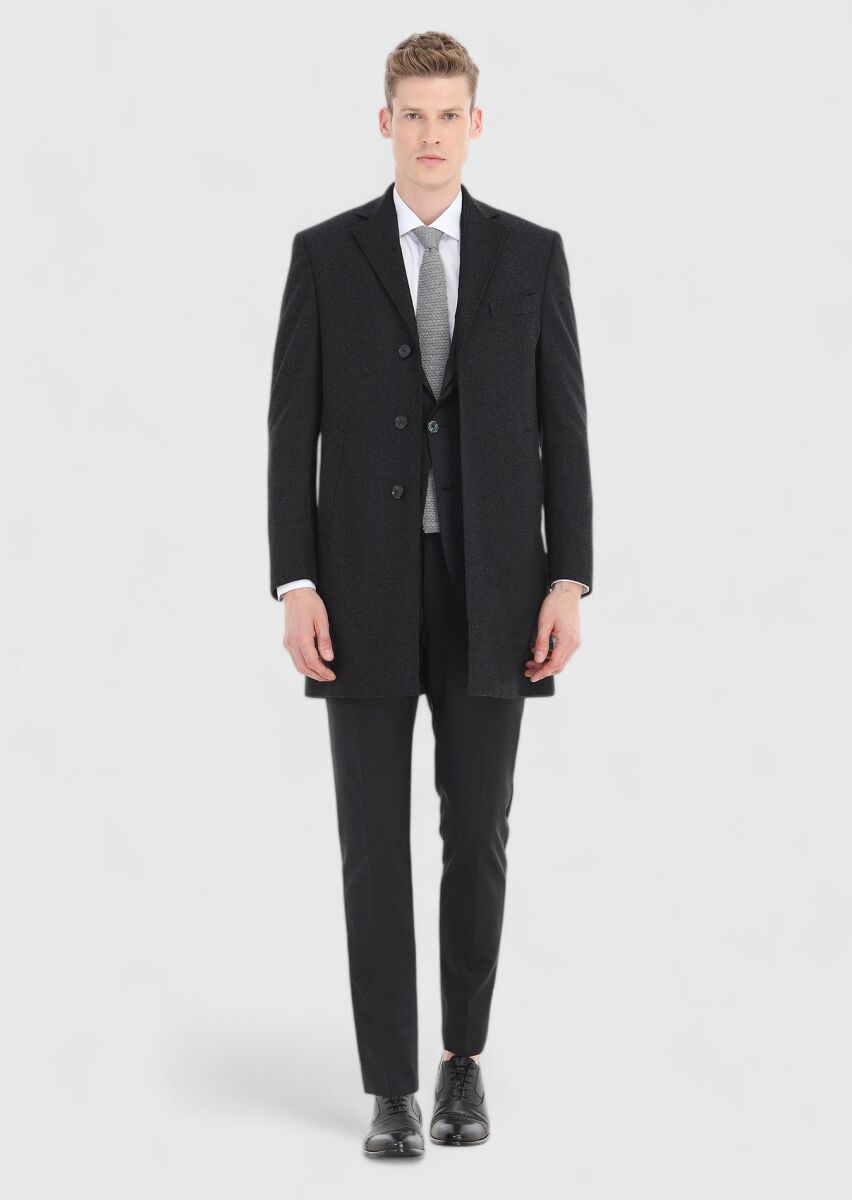 Black Regular Fit Butterfly Collar Classical Weaving Overcoat - 1
