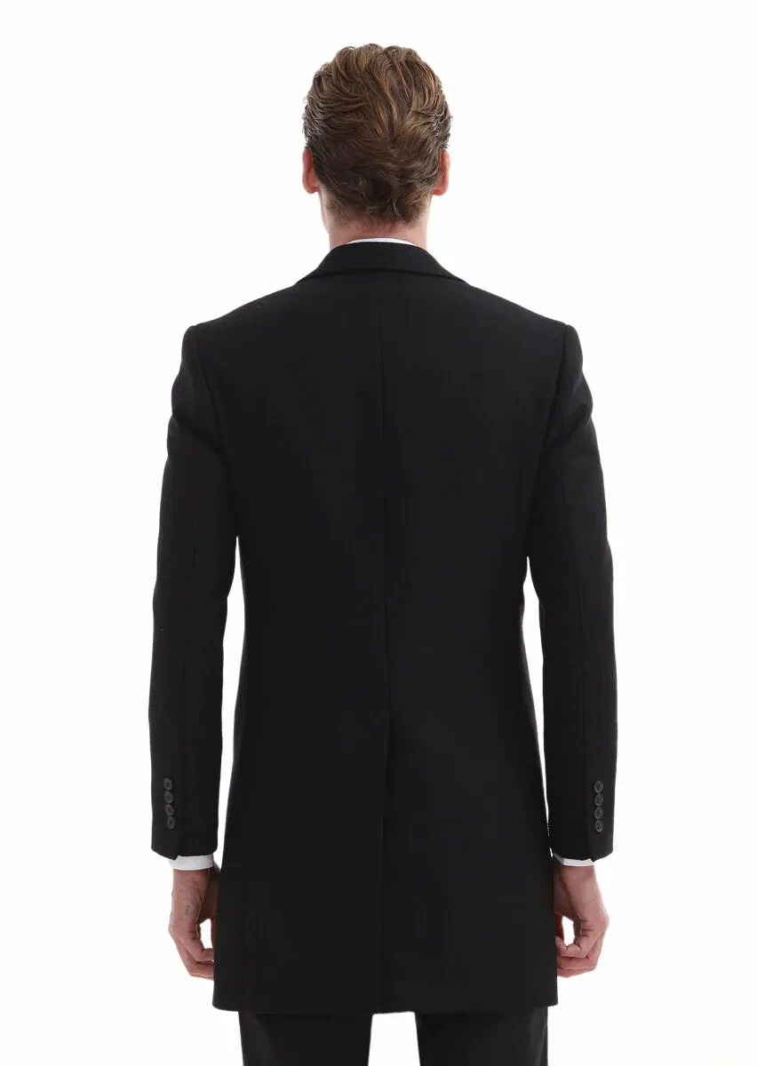 Black Regular Fit Butterfly Collar Classical Weaving Overcoat - 5