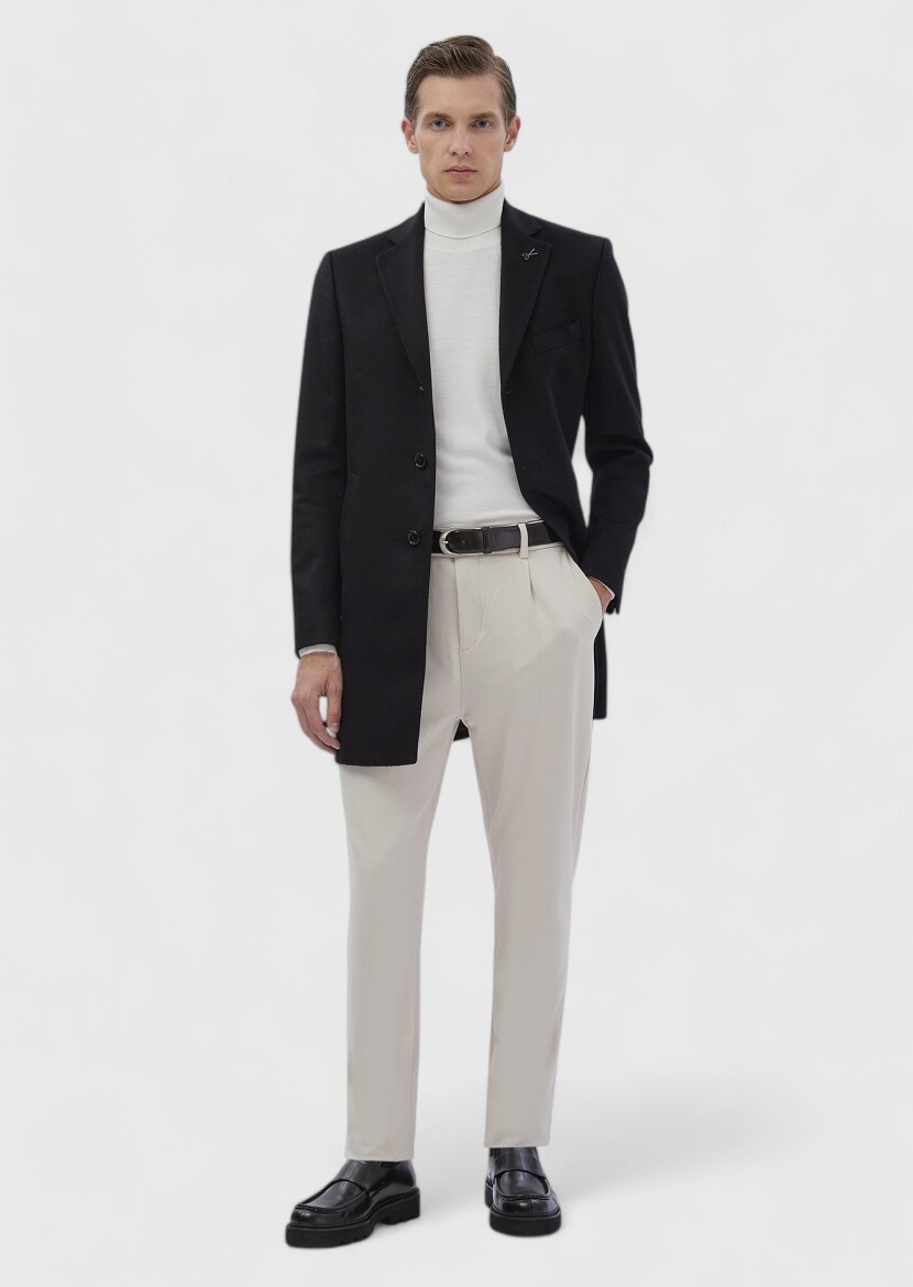 Black Regular Fit Butterfly Collar Classical Weaving Overcoat - 3