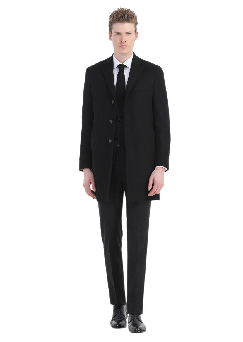 Black Regular Fit Butterfly Collar Classical Weaving Overcoat 