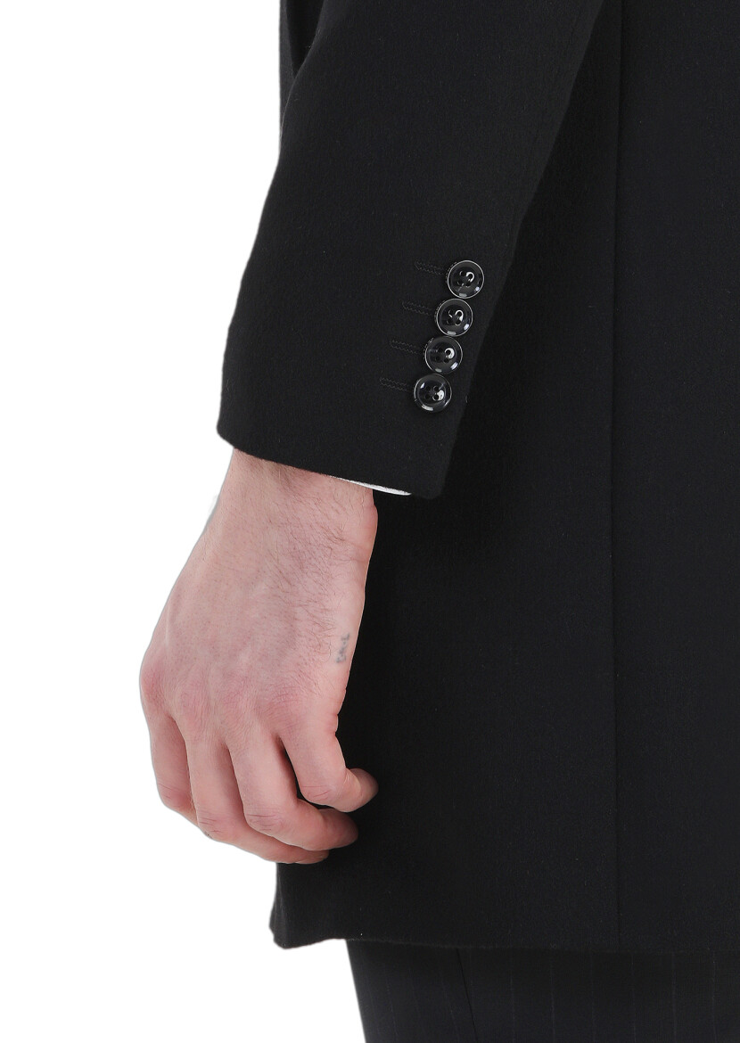 Black Regular Fit Butterfly Collar Classical Weaving Overcoat - 6