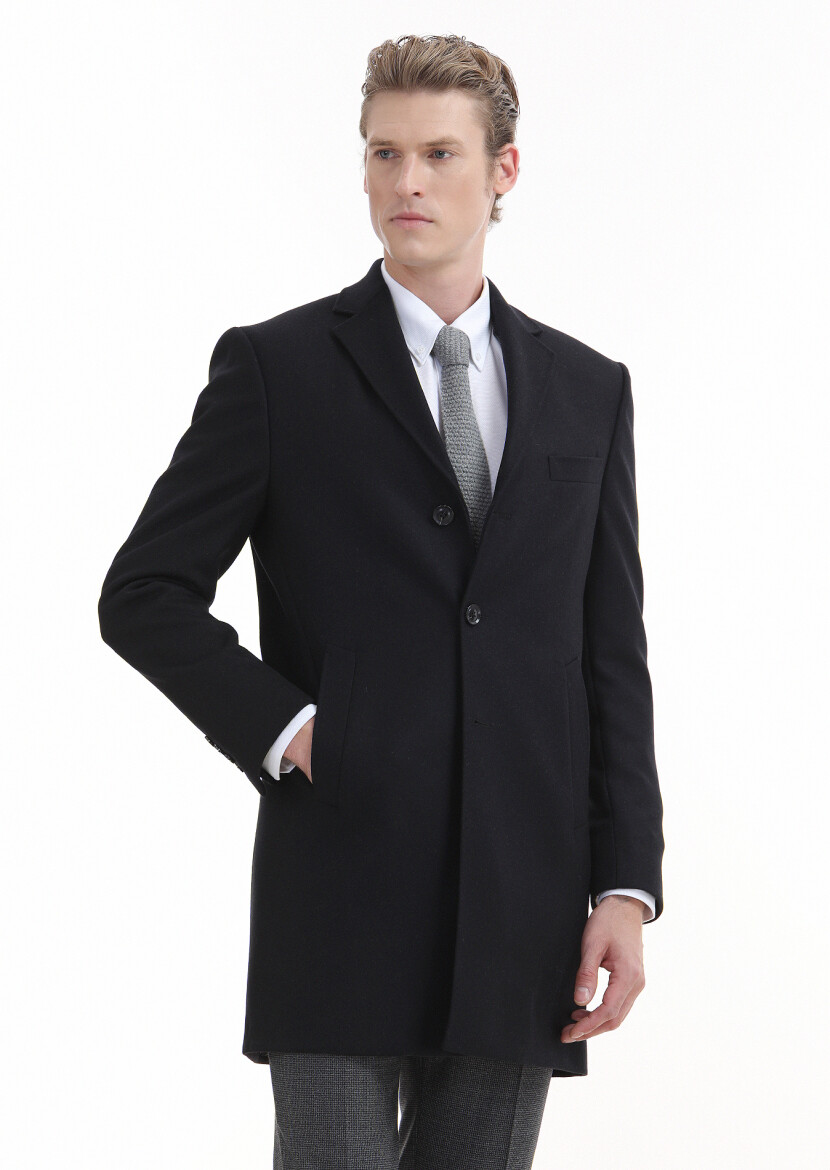 Black Regular Fit Butterfly Collar Classical Weaving Overcoat - 3