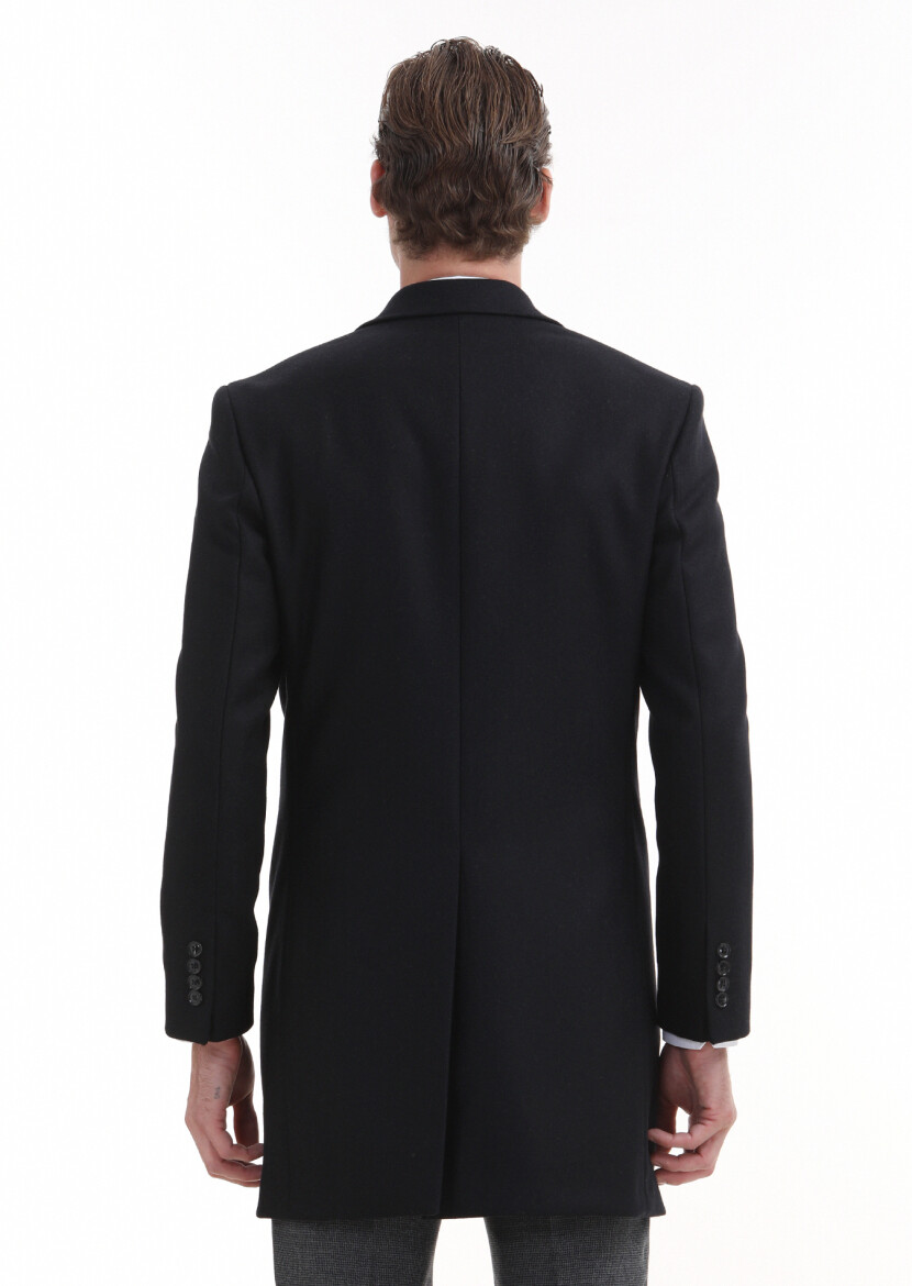 Black Regular Fit Butterfly Collar Classical Weaving Overcoat - 6