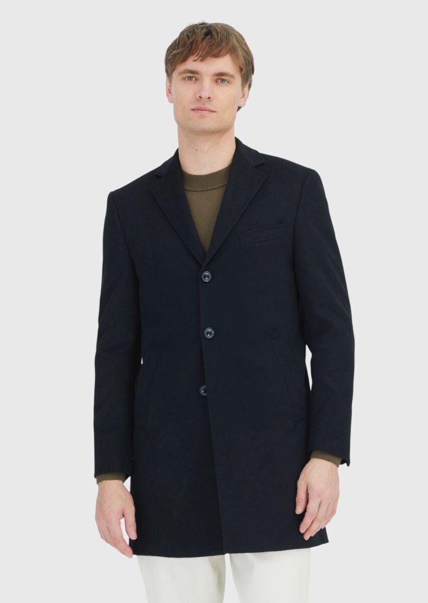 Black Regular Fit Butterfly Collar Classical Weaving Overcoat - 1