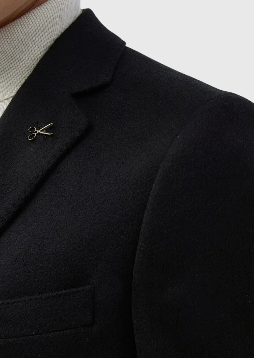 Black Regular Fit Butterfly Collar Classical Weaving Overcoat - 7