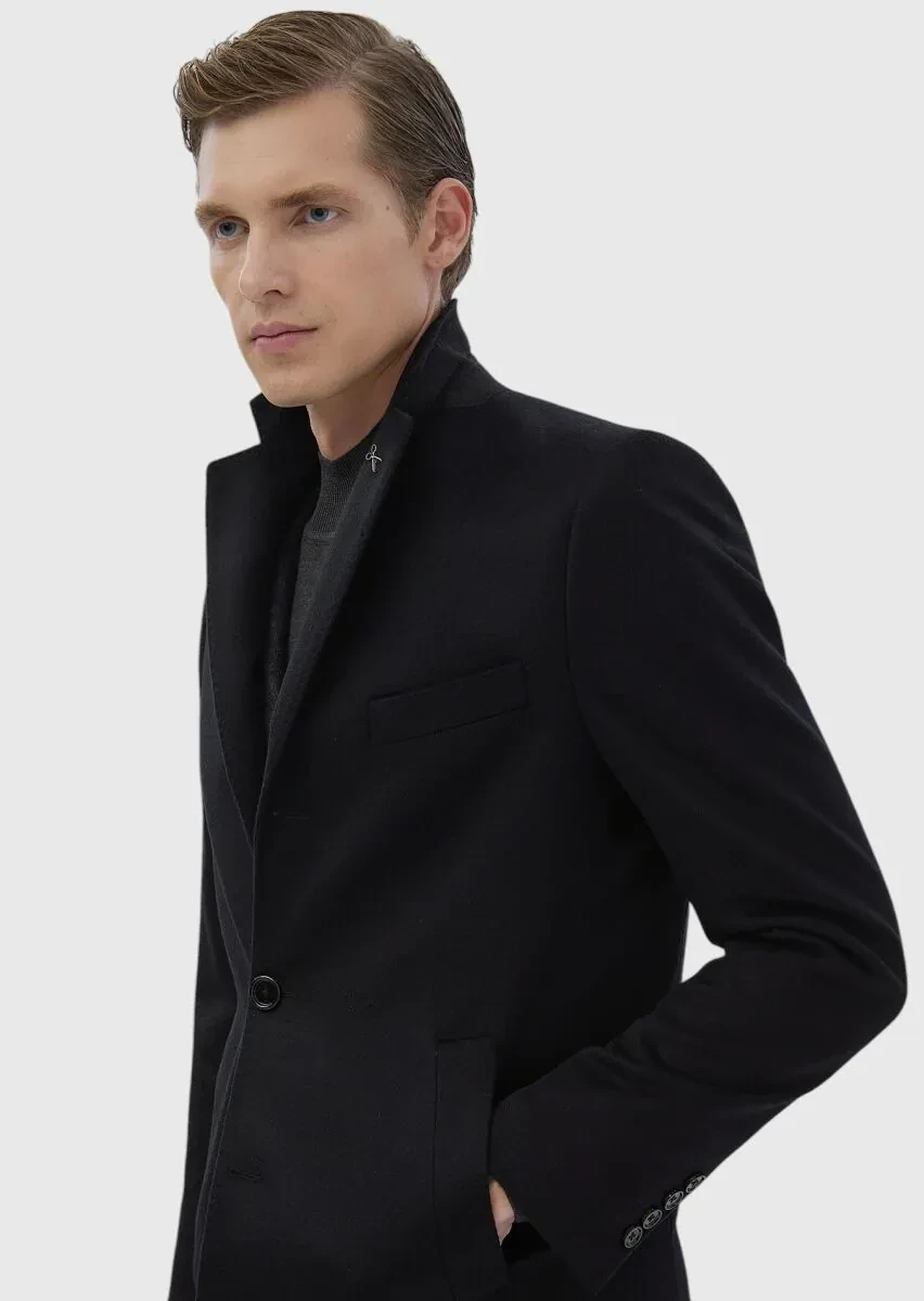 Black Regular Fit Butterfly Collar Classical Weaving Overcoat - 9