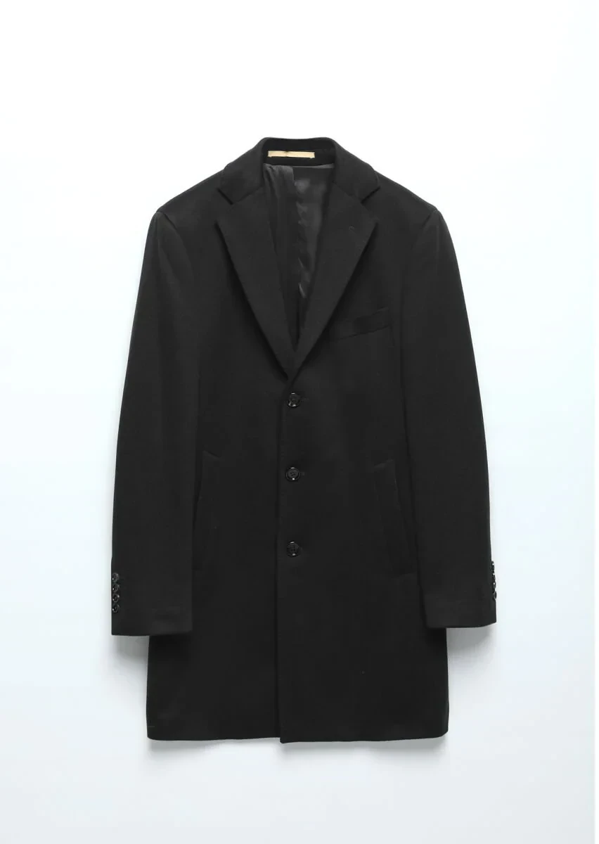Black Regular Fit Butterfly Collar Classical Weaving Overcoat - 1