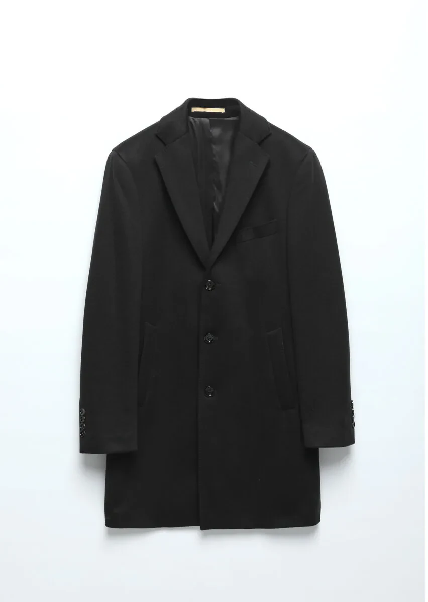 Black Regular Fit Butterfly Collar Classical Weaving Overcoat - 6