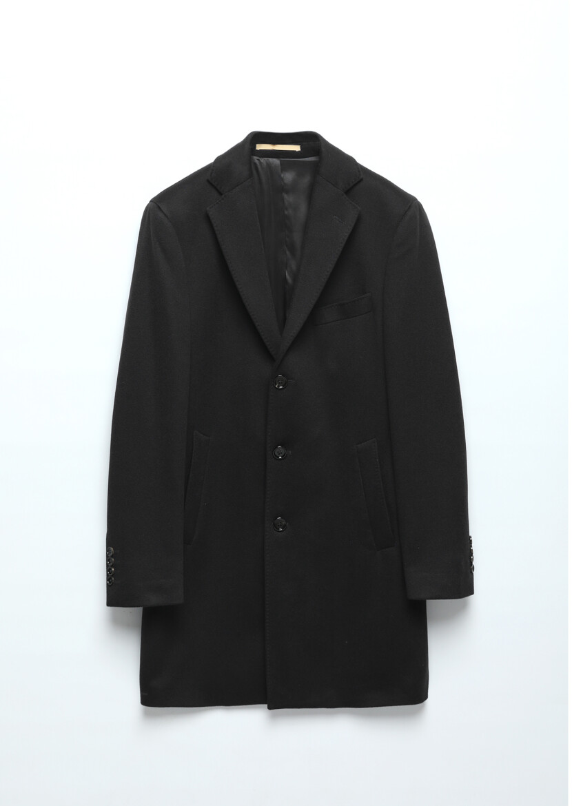 Black Regular Fit Butterfly Collar Classical Weaving Overcoat - 6