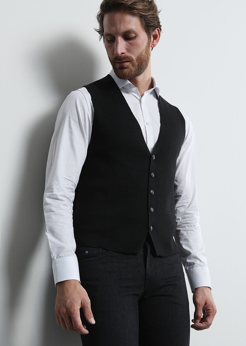 Black Regular Fit Casual Knitting Knit Vest - 1