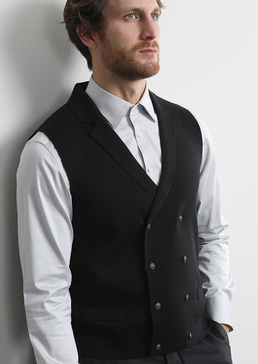 Black Regular Fit Casual Knitting Knit Vest - 1