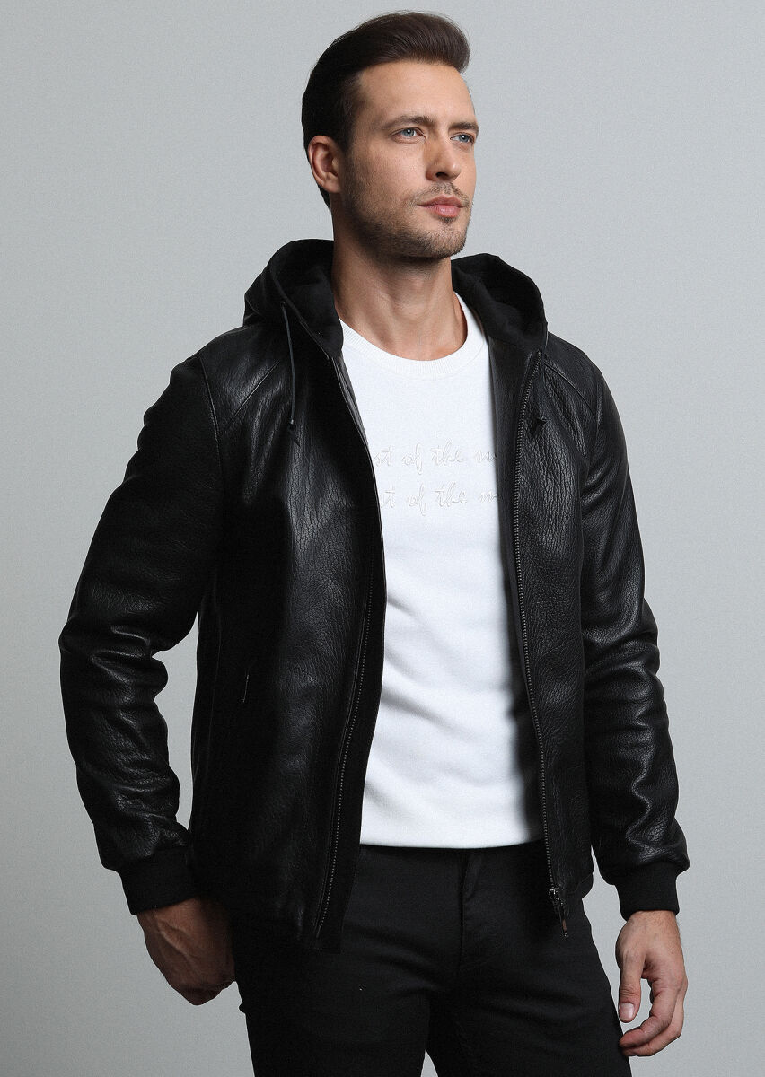 Black Regular Fit Casual Leather Leather Coat - 1