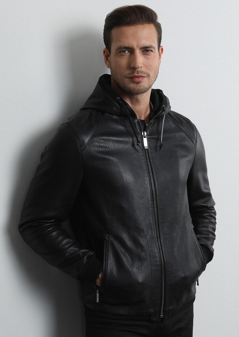 Black Regular Fit Casual Leather Leather Coat - 2