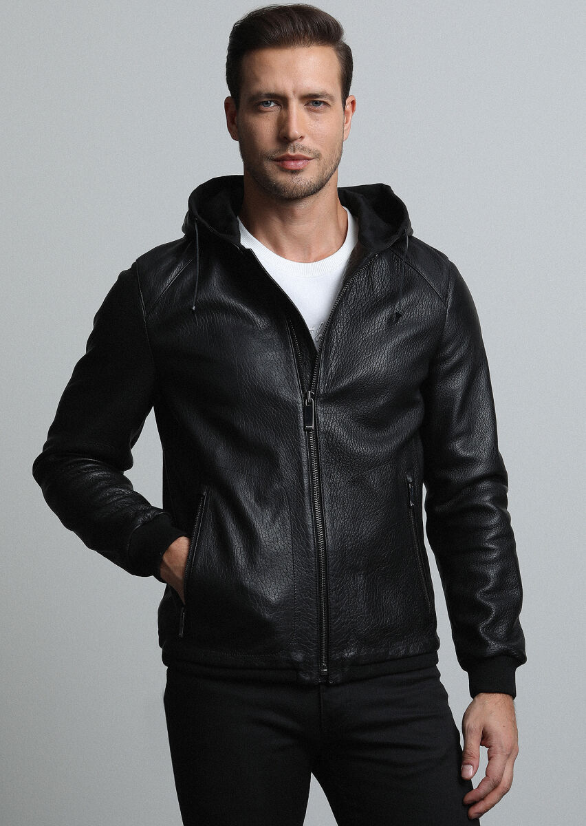 Black Regular Fit Casual Leather Leather Coat - 4
