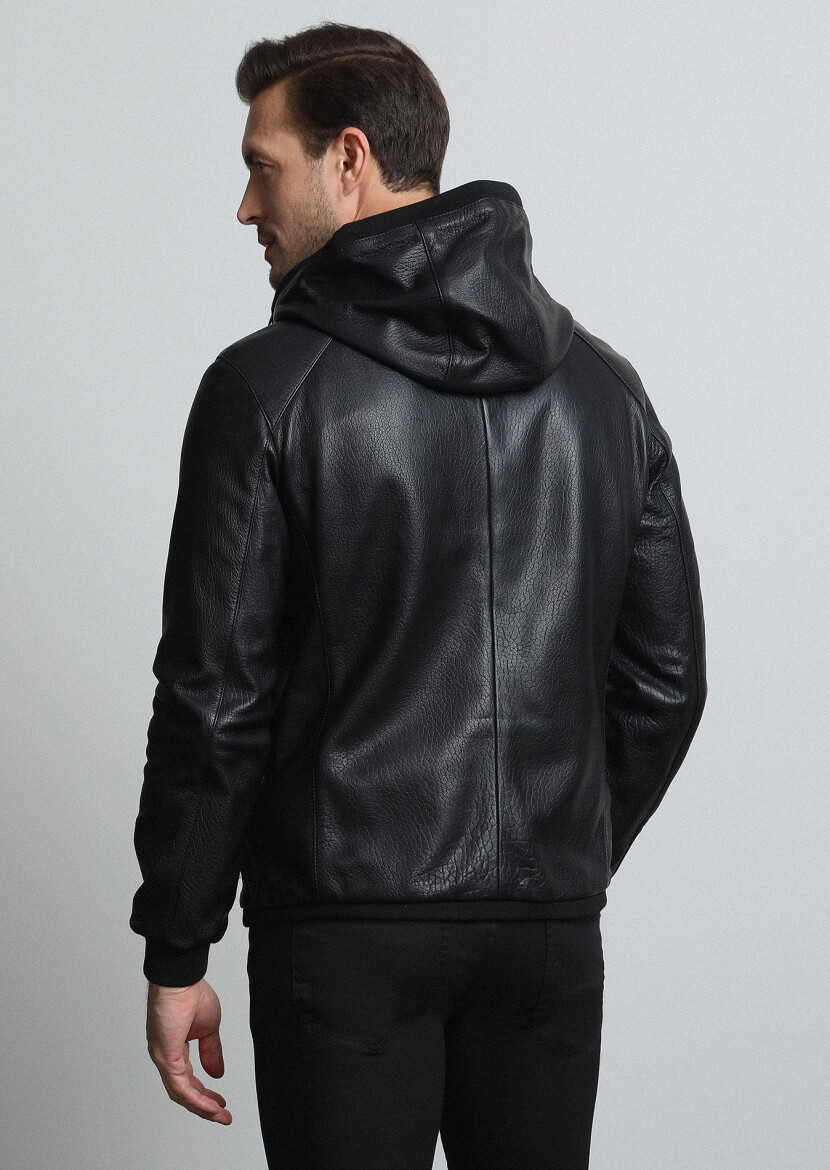 Black Regular Fit Casual Leather Leather Coat - 5