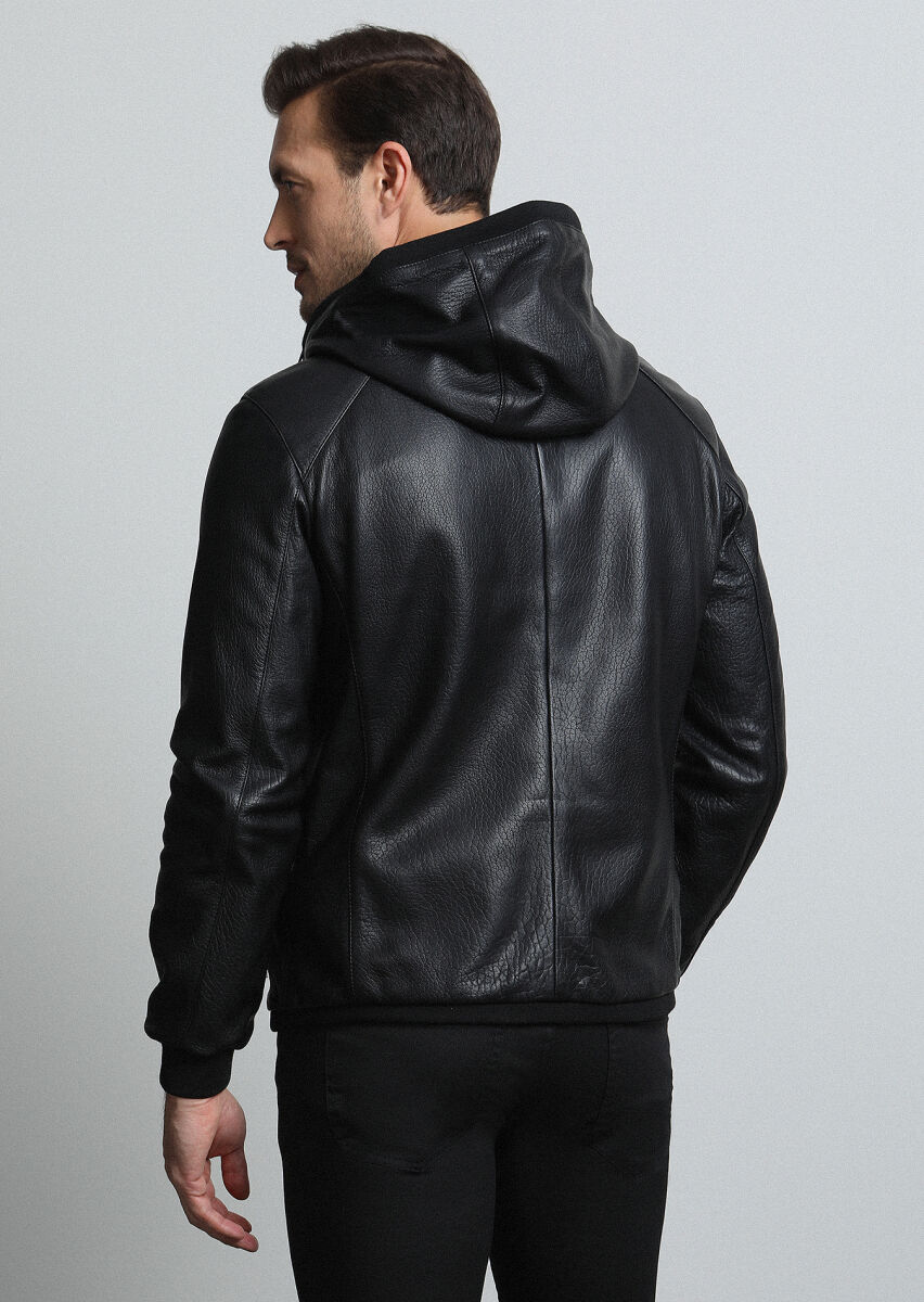 Black Regular Fit Casual Leather Leather Coat - 5