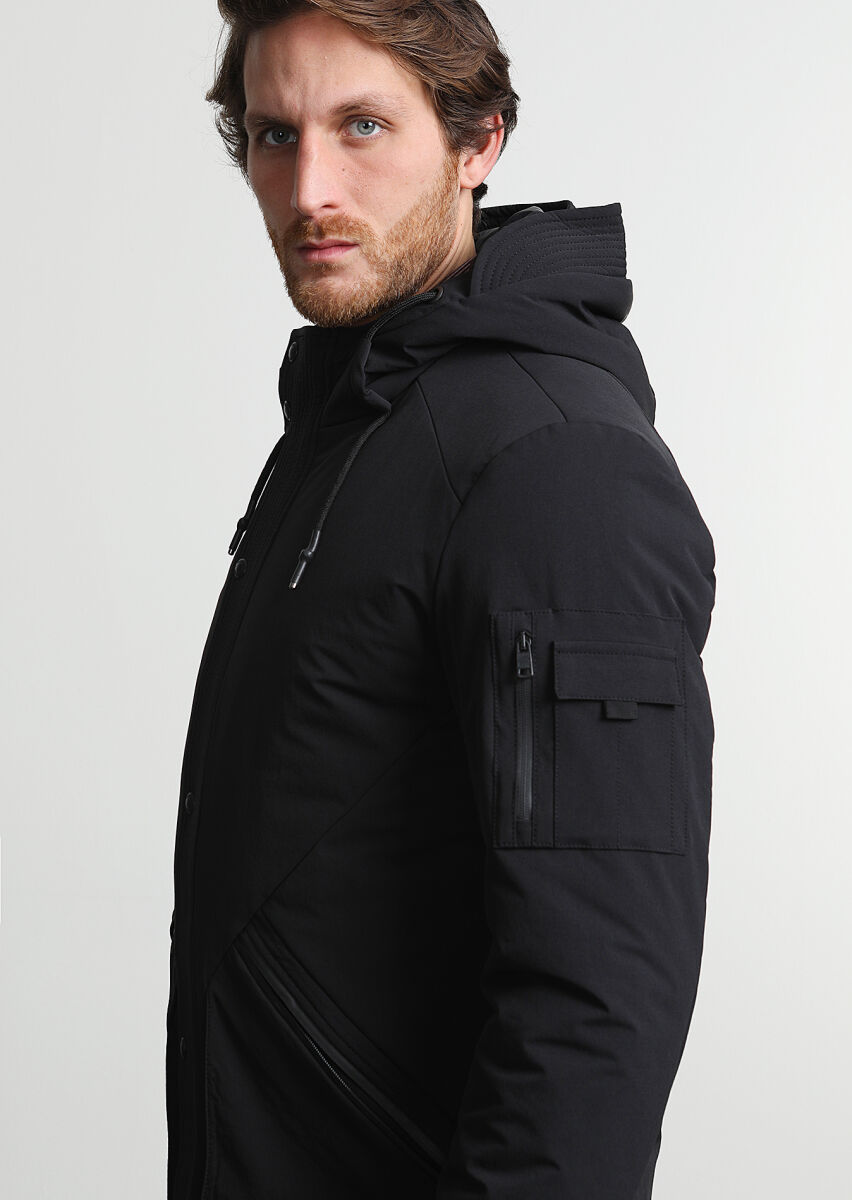 Black Regular Fit Casual Weaving Removable Hood Coat - 3