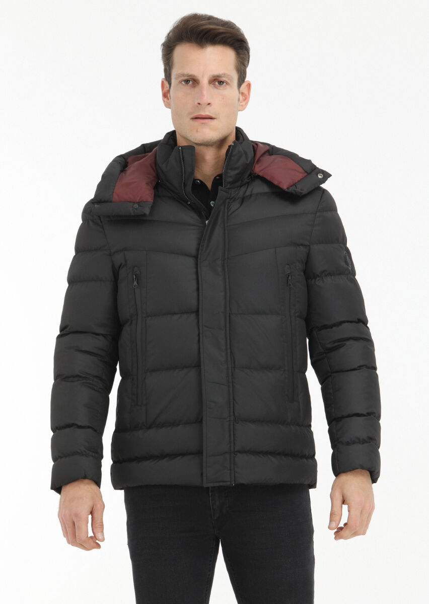 Black Regular Fit Casual Weaving Removable Hood Coat - 3