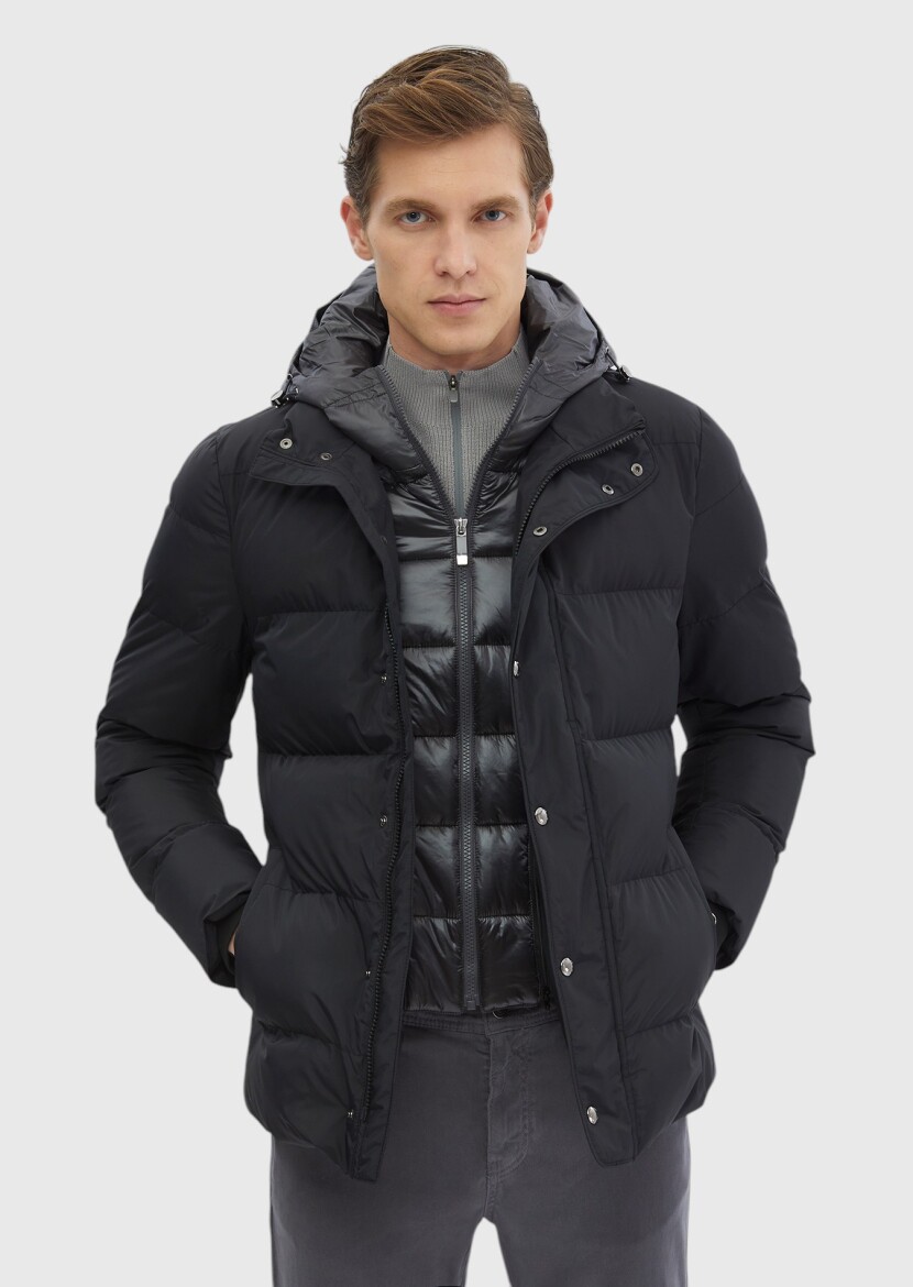 Black Regular Fit Casual Weaving Removable Hood Coat - 1