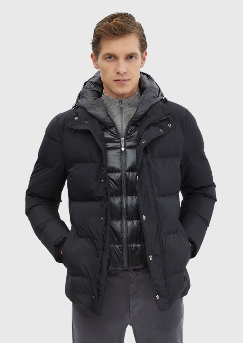 Black Regular Fit Casual Weaving Removable Hood Coat - 1