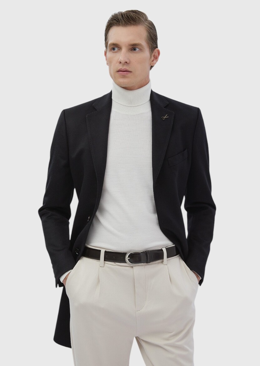 Black Regular Fit Classical Weaving Overcoat - RAMSEY