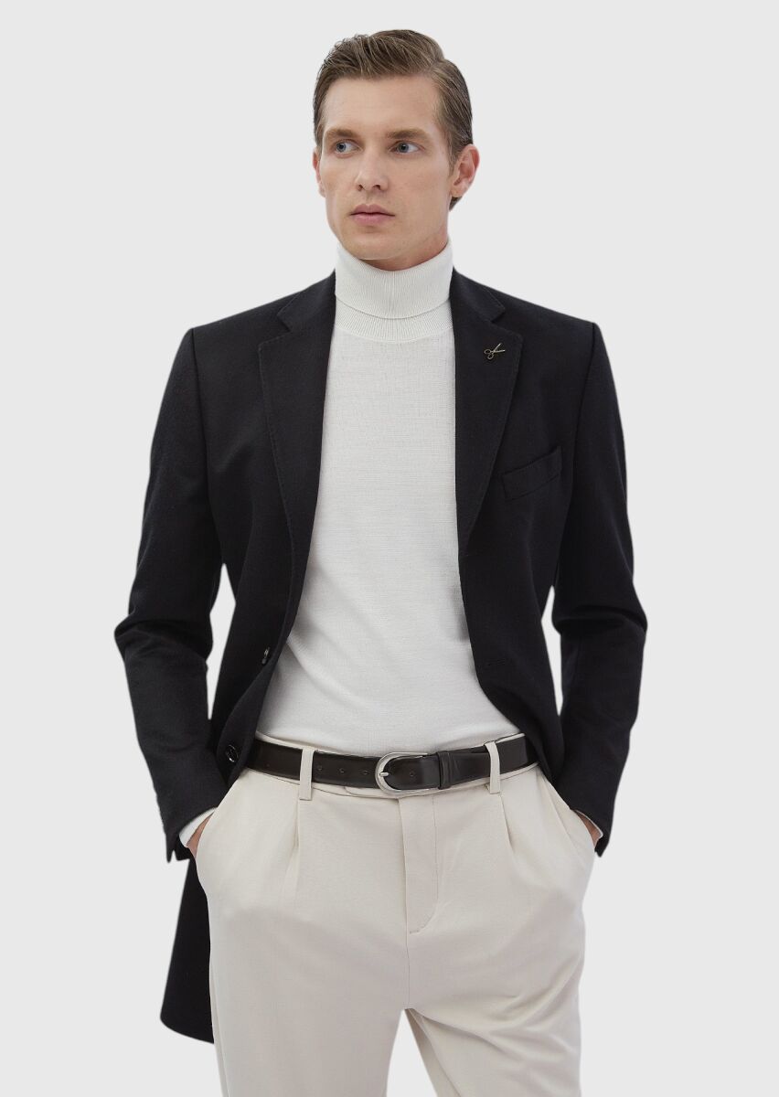 Black Regular Fit Classical Weaving Overcoat - 1